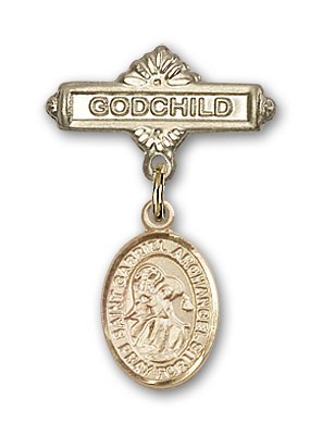 Pin Badge with St. Gabriel the Archangel Charm and Godchild Badge Pin - 14K Solid Gold