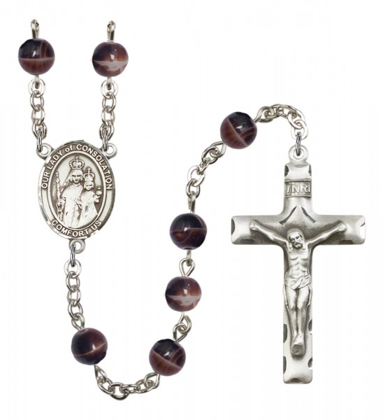 Men's Our Lady of Consolation Silver Plated Rosary - Brown