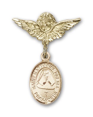 Pin Badge with St. Katherine Drexel Charm and Angel with Smaller Wings Badge Pin - Gold Tone