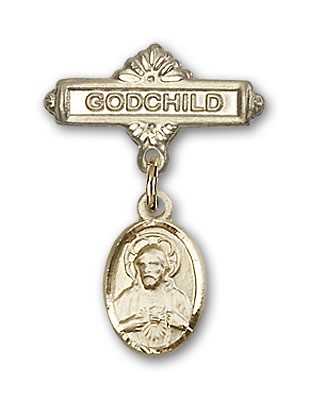 Baby Pin with Scapular Charm and Godchild Badge Pin - 14K Solid Gold