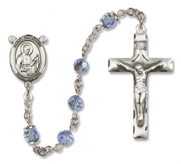 St. Camillus of Lellis Sterling Silver Heirloom Rosary Squared Crucifix - Light Sapphire