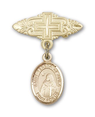 Pin Badge with St. Teresa of Avila Charm and Badge Pin with Cross - Gold Tone