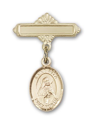 Pin Badge with St. Rita of Cascia Charm and Polished Engravable Badge Pin - 14K Solid Gold