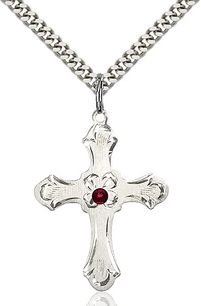 Budded Cross Pendant with Etched Border Birthstone Options - Garnet