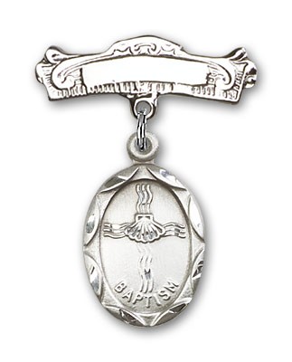 Baby Pin with Baptism Charm and Arched Polished Engravable Badge Pin - Silver tone