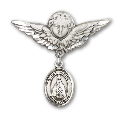 Pin Badge with St. Blaise Charm and Angel with Larger Wings Badge Pin - Silver tone