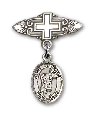 Pin Badge with St. Stephanie Charm and Badge Pin with Cross - Silver tone