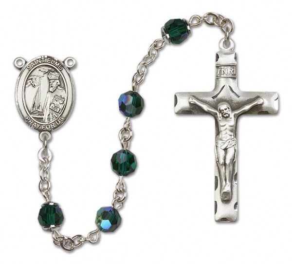 St. Elmo Sterling Silver Heirloom Rosary Squared Crucifix - Emerald Green