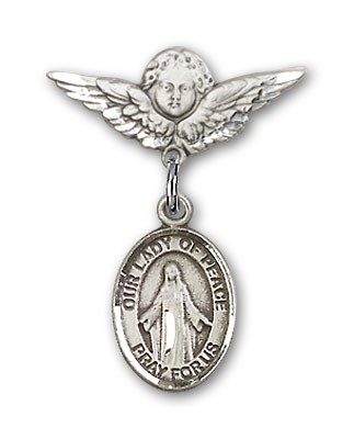 Pin Badge with Our Lady of Peace Charm and Angel with Smaller Wings Badge Pin - Silver tone