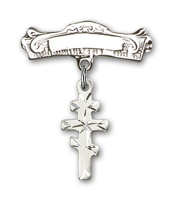 Pin Badge with Greek Orthadox Cross Charm and Arched Polished Engravable Badge Pin - Silver tone