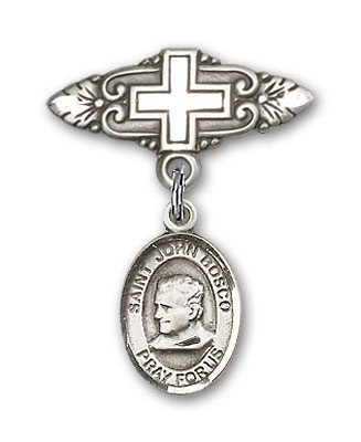 Pin Badge with St. John Bosco Charm and Badge Pin with Cross - Silver tone