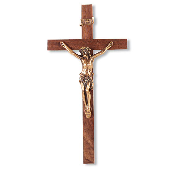 Goldtone Walnut Wood Wall Crucifix - 9 inch - Brown