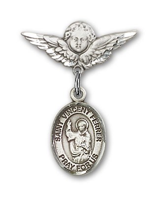 Pin Badge with St. Vincent Ferrer Charm and Angel with Smaller Wings Badge Pin - Silver tone