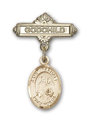 Pin Badge with St. Raphael the Archangel Charm and Godchild Badge Pin - Gold Tone