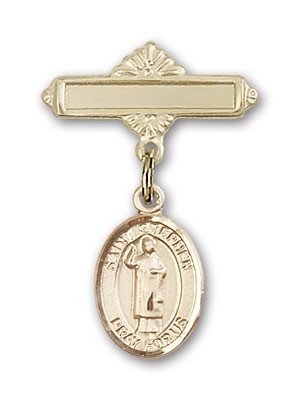 Pin Badge with St. Stephen the Martyr Charm and Polished Engravable Badge Pin - 14K Solid Gold