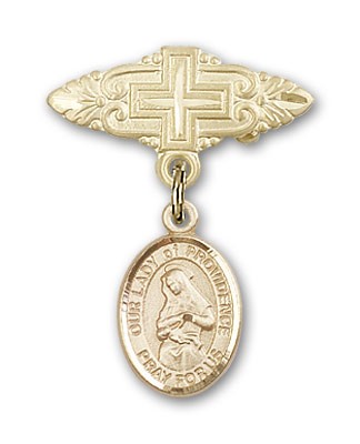 Pin Badge with Our Lady of Providence Charm and Badge Pin with Cross - 14K Solid Gold