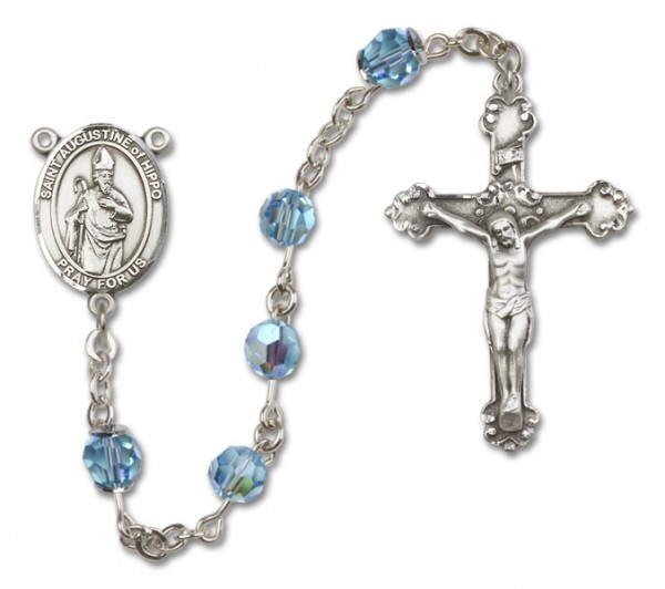 St. Augustine of Hippo Sterling Silver Heirloom Rosary Fancy Crucifix - Aqua