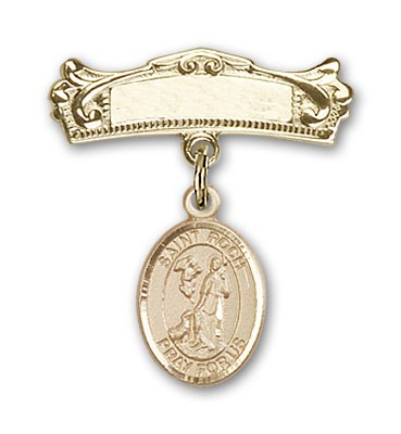 Pin Badge with St. Roch Charm and Arched Polished Engravable Badge Pin - 14K Solid Gold