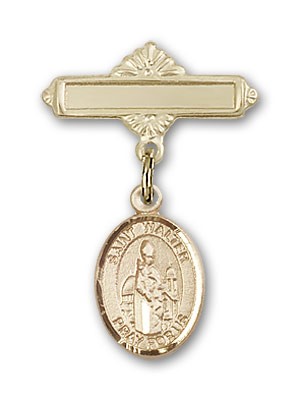 Pin Badge with St. Walter of Pontnoise Charm and Polished Engravable Badge Pin - 14K Solid Gold