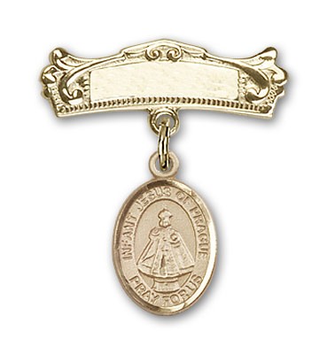 Pin Badge with Infant of Prague Charm and Arched Polished Engravable Badge Pin - Gold Tone