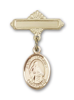 Pin Badge with St. Veronica Charm and Polished Engravable Badge Pin - 14K Solid Gold