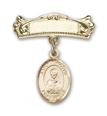Pin Badge with St. Timothy Charm and Arched Polished Engravable Badge Pin - Gold Tone