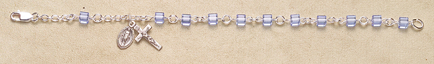 Rosary Bracelet - Sterling Silver with Light Sapphire Swarovski Cube - Light Sapphire