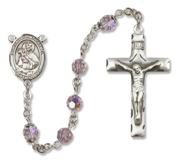 Our Lady of Mount Carmel Sterling Silver Heirloom Rosary Squared Crucifix - Light Amethyst