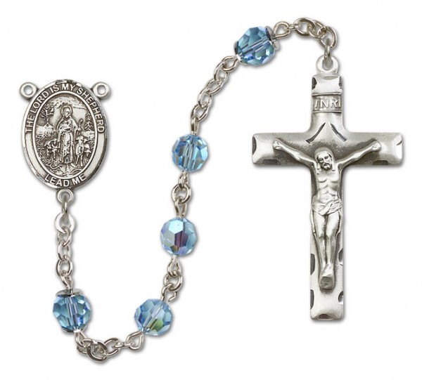 Lord Is My Shepherd Sterling Silver Heirloom Rosary Squared Crucifix - Aqua