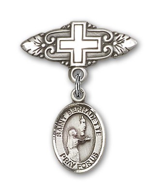 Pin Badge with St. Bernadette Charm and Badge Pin with Cross - Silver tone