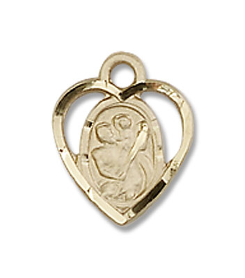 Very Small Open-Cut Heart Shaped St. Christopher Necklace - 14K Solid Gold