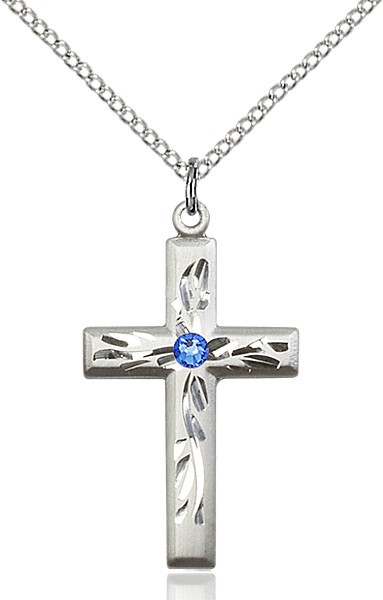 Squared Edge Cross with Vine Etching with Birthstone Options - Sapphire