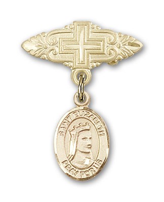 Pin Badge with St. Elizabeth of Hungary Charm and Badge Pin with Cross - Gold Tone