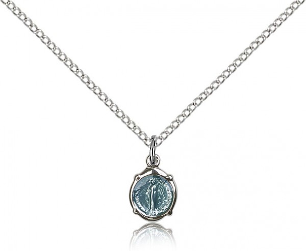 Charm Miraculous Medal Necklace with Blue Enamel - Sterling Silver