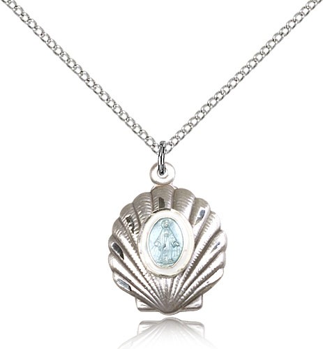 Shell with Blue Miraculous Medal Neclace - Sterling Silver