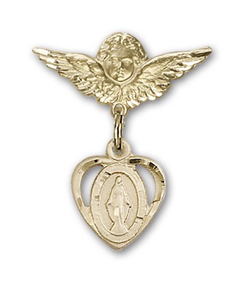 Pin Badge with Miraculous Charm and Angel with Smaller Wings Badge Pin - 14K Solid Gold