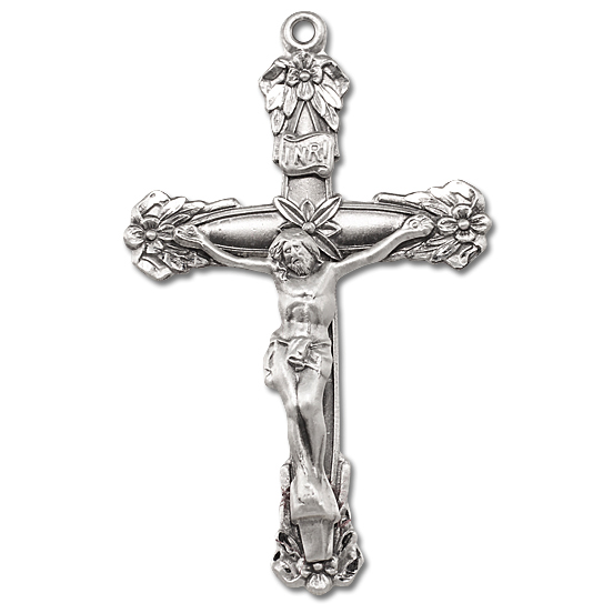 Floral Tip Sterling Silver Rosary Crucifix - Sterling Silver