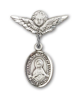 Pin Badge with Immaculate Heart of Mary Charm and Angel with Smaller Wings Badge Pin - Silver tone