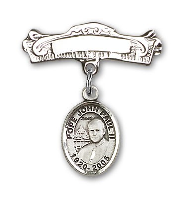 Pin Badge with Pope John Paul II Charm and Arched Polished Engravable Badge Pin - Silver tone