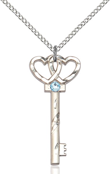 Small Key with Double Heart Pendant and Birthstone - Aqua