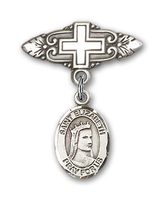 Pin Badge with St. Elizabeth of Hungary Charm and Badge Pin with Cross - Silver tone