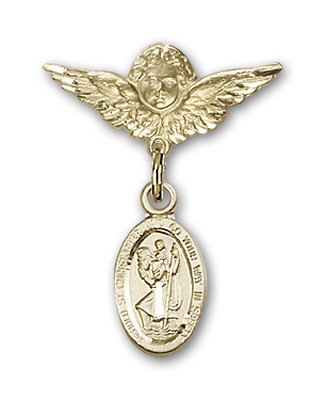 Pin Badge with St. Christopher Charm and Angel with Smaller Wings Badge Pin - 14K Solid Gold