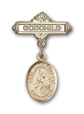 Pin Badge with St. Maria Goretti Charm and Godchild Badge Pin - 14K Solid Gold
