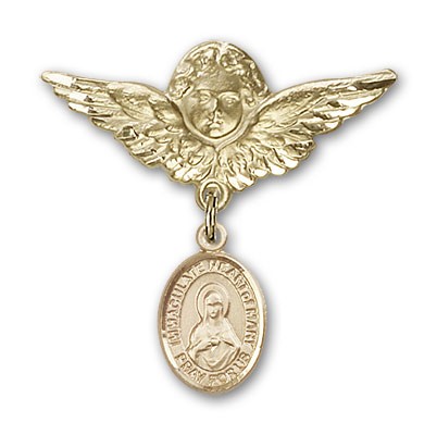 Pin Badge with Immaculate Heart of Mary Charm and Angel with Larger Wings Badge Pin - 14K Solid Gold
