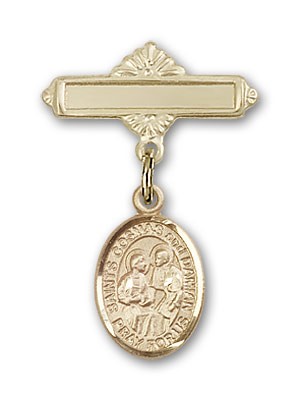 Pin Badge with Sts. Cosmas &amp; Damian Charm and Polished Engravable Badge Pin - 14K Solid Gold