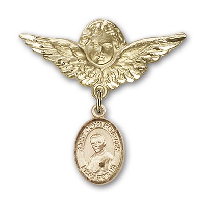 Pin Badge with St. John Neumann Charm and Angel with Larger Wings Badge Pin - Gold Tone