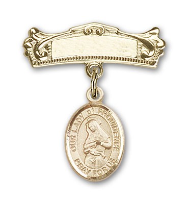 Pin Badge with Our Lady of Providence Charm and Arched Polished Engravable Badge Pin - Gold Tone