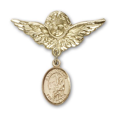 Pin Badge with St. Jerome Charm and Angel with Larger Wings Badge Pin - 14K Solid Gold