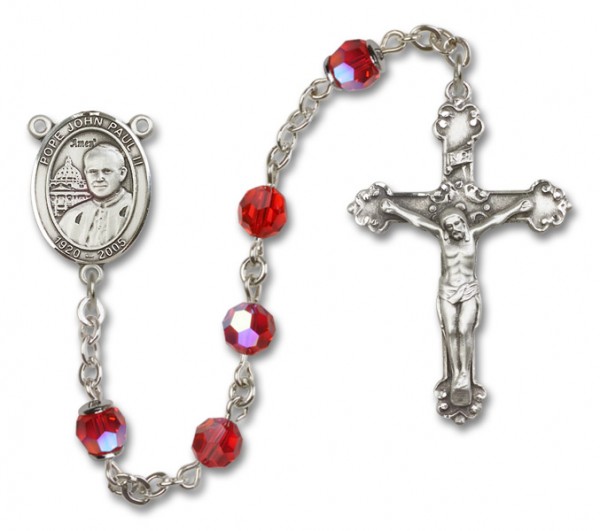 Pope John Paul II Sterling Silver Heirloom Rosary Fancy Crucifix - Ruby Red