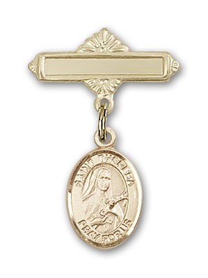 Pin Badge with St. Theresa Charm and Polished Engravable Badge Pin - Gold Tone